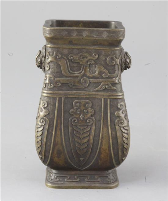 A Chinese archaistic bronze vessel, fanghu, Xuande mark but 17th/18th century, height 15.3cm